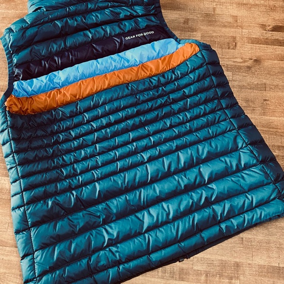 cotopaxi Teal Packable Down Vest with Blue and Orange Stripes - Picture 2 of 5